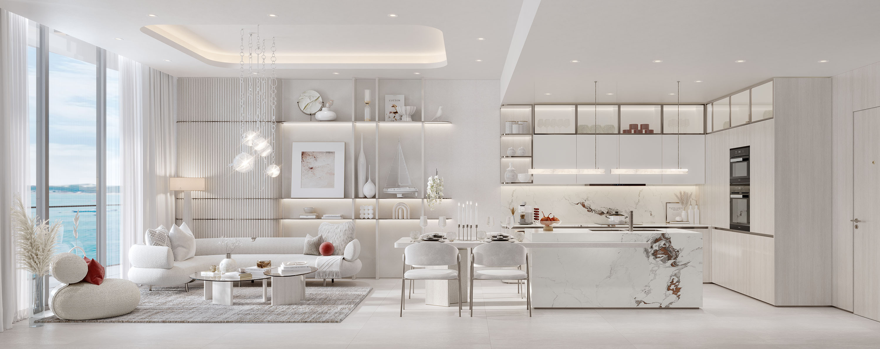 Cotier House By Imtiaz Modern living room and kitchen featuring elegant furnishings, large windows, and light, neutral colors.